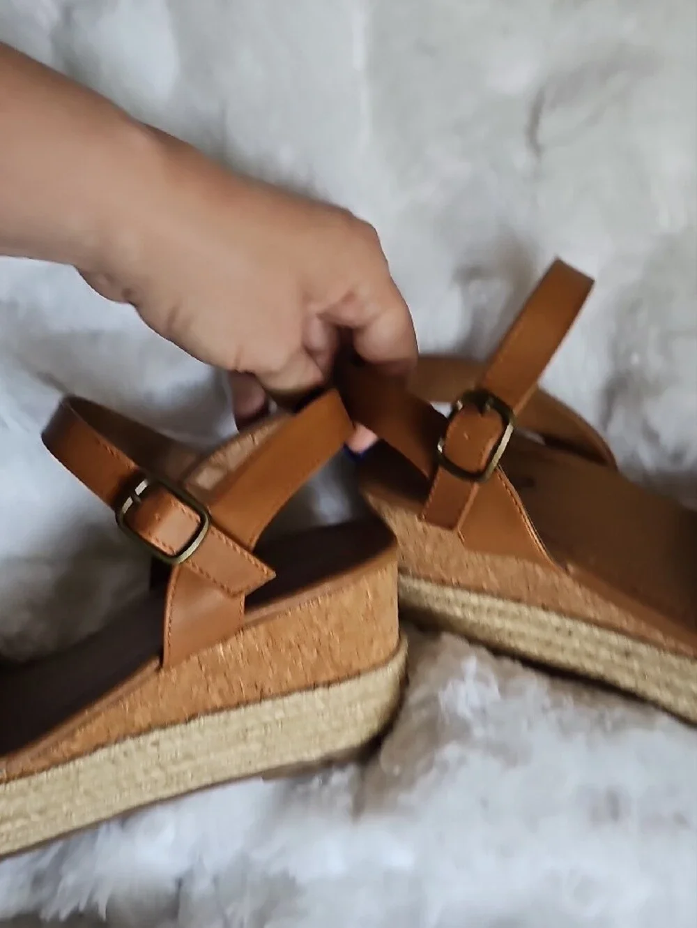 Women’s Tan Espadrille Wedge Sandals with Beige Fabric Toe Strap